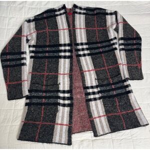 RED Plaid Cardigan Duster Sweater‎ Long Open Front Pockets Gilmore Girls M